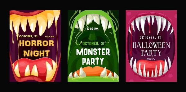 Halloweenfeest Vector Flyers Met Monstermonden Cartoon Uitnodiging Posters Met Open — Stockvector