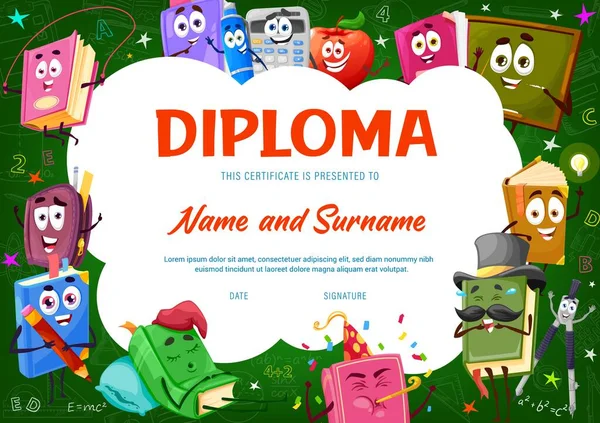 Kids Diploma Certificate Books Textbooks Bestsellers Cartoon Characters Children Education — Stock Vector