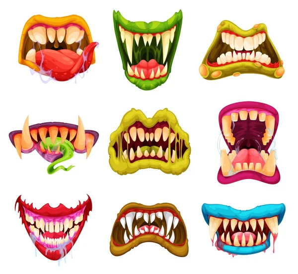 Monster face funny emoticons cartoon vector. Horror emojis of Halloween  zombie, demon or ghost, devil, vampire or beast with different emotions,  scary avatars with open mouth and evil eyes #2916945