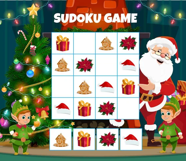 Bambini Natale Sudoku Gioco Con Regali Festa Cappello Babbo Natale — Vettoriale Stock