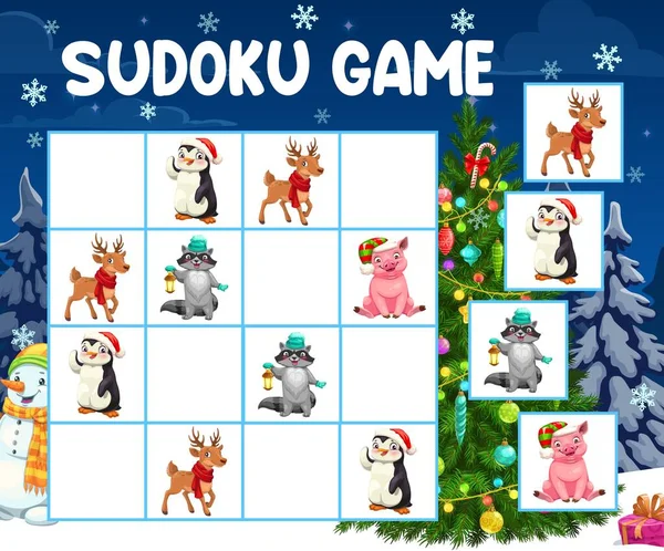 Gioco Sudoku Puzzle Con Albero Natale Vettoriale Animali Gioco Mente — Vettoriale Stock