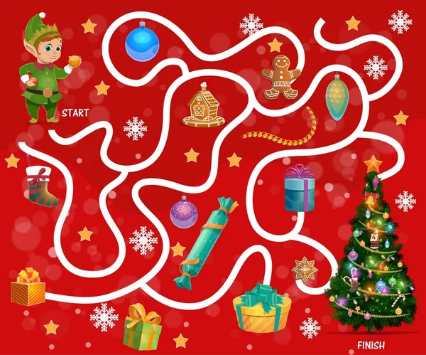 子供はクリスマスの贈り物やお菓子で迷路を見つける 子供の迷路ゲーム 子供の検索パスアクティビティ エルフ ジンジャーブレッドクッキーとクリスマスツリーの装飾品 ストッキング 雪の結晶漫画ベクトル — ストックベクタ