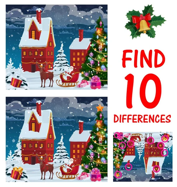 儿童圣诞迷宫或游戏页面 为孩子们找出十个不同的游戏活动 更多的幼儿逻辑谜语 圣诞老人骑雪橇与驯鹿 圣诞树上的城市街道病媒 — 图库矢量图片