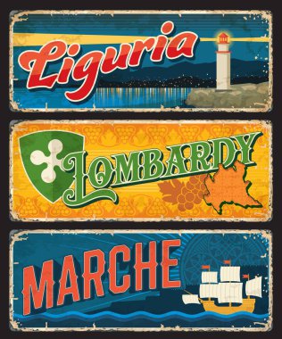 Liguria, Lombardy, Marche İtalyan bölgeleri klasik plakalar ve çıkartmalar. İtalya seyahat hedef plaketleri, haritalı, üzümlü ve kalkanlı bayrak, deniz feneri, yelkenli gemi. Grunge panoları ayarlandı
