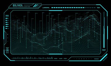 Büyük Veri Teknoloji Ağı, gelecekteki UI HUD dijital ekran, vektör. Ekran monitörü arayüz arkaplanı. Büyük Veri Analizi ve geleceğin HUD bilgi hattı dalgaları ve analitik akış grafiği grafiği