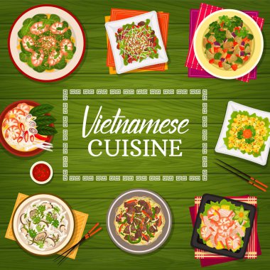 Vietnam mutfağı vektör karides çorbası pho, shiitake mantar çorbası çorba veya sebze kuzu salatası. Sığır etli şehriyeli çorba pho bo, ıspanaklı karides salatası, patlıcan yahnisi ve karides salatası Vietnam çizgi film afişi.