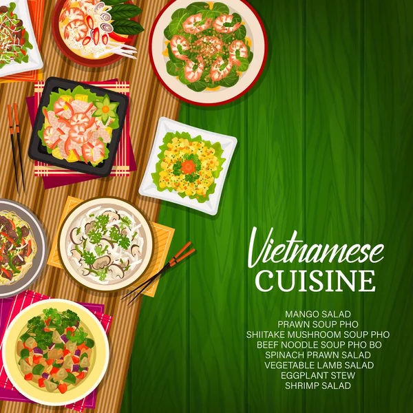 Cocina Vietnamita Vector Shiitake Sopa Champiñones Ensalada Cordero Vegetal Fideos — Vector de stock