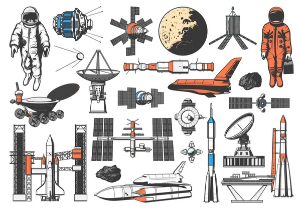 ロケット 宇宙飛行士 惑星衛星の宇宙アイコン ベクトル銀河探査 月探査機と宇宙船のシャトル 軌道局と隕石小惑星 宇宙飛行士の打ち上げパッドとスプートニク — ストックベクタ
