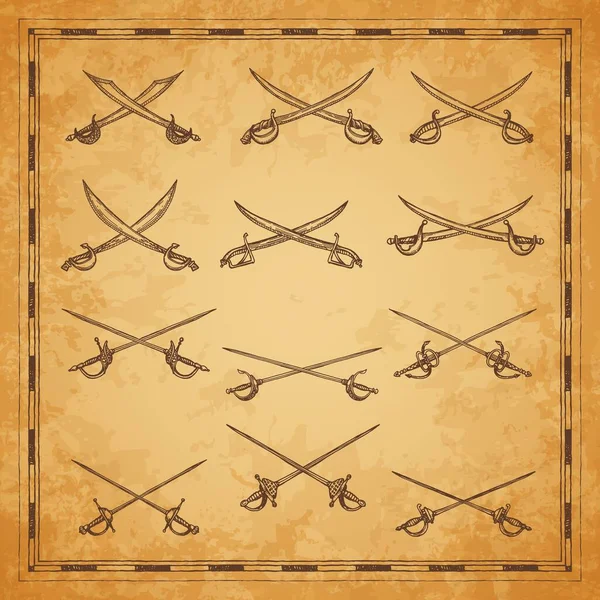 Перехрещені Піратські Диверсанти Ескіз Мечів Ефірів Векторні Стародавні Елементи Карти — стоковий вектор