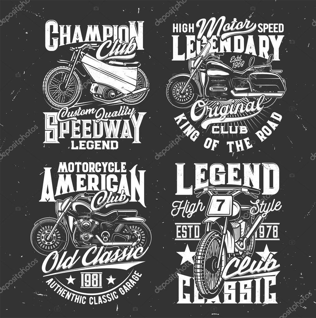 Tshirt prints with racing off road bikes, vector design for sports team apparel. T shirt emblems with custom motorcycles and typography. Monochrome isolated white labels on black grunge background set