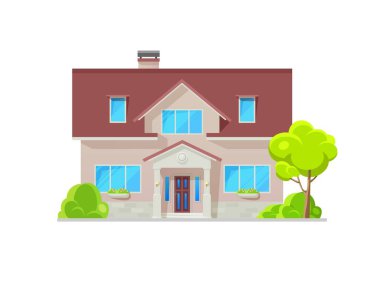 Doğal taş duvar süslemesi ve mimari ile çerçevelenmiş modern ev yapımı dış yapı. Banliyö evi ya da konaklama vektör binası malikane ya da yazlık villa, aile konağı ya da bungalov konağı cephesi