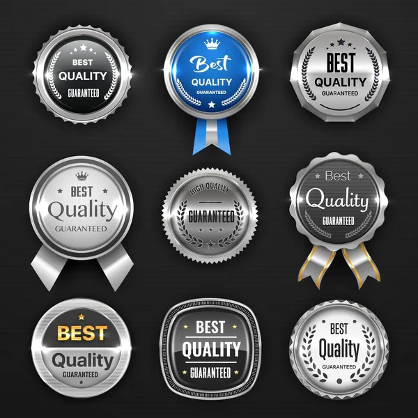 Sello Plata Medalla Premio Insignia Etiquetas Marca Garantía Mejor Calidad — Vector de stock