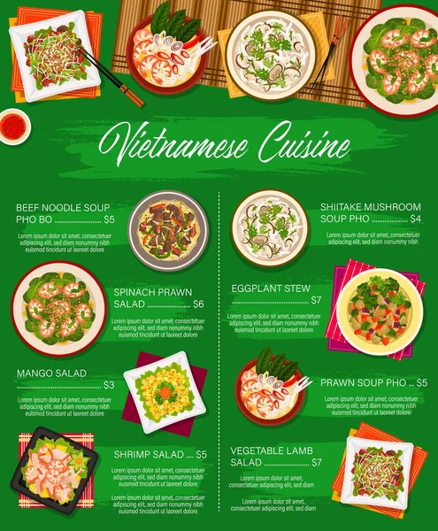 Vietnamská Kuchyně Vektorové Menu Šablona Zeleninový Jehněčí Salát Hovězí Nudle — Stockový vektor