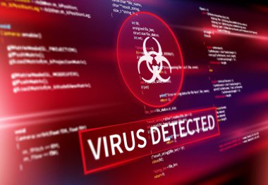 Virüs bilgisayar ekranında uyarı mesajı tespit etti, vektör internet siber güvenlik geçmişi. İnternet veri dolandırıcılığı için saldırı ve virüs tespit yazılımı veya dijital antivirüs kötü amaçlı yazılım