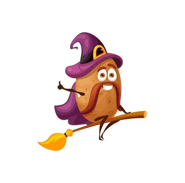 Sihirbaz Şapkası Peleriniyle Sihirli Süpürgeyle Uçan Patates Büyücüsü Yüzünde Bıyıkları — Stok Vektör