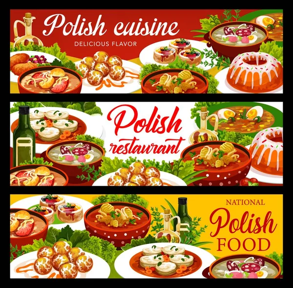Banderas Cocina Polaca Con Platos Para Almuerzo Cena Vector Menú — Vector de stock