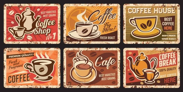 Dampfende Kaffeetassen Rostige Teller Kaffeehaus Café Oder Restaurant Heißen Getränke — Stockvektor