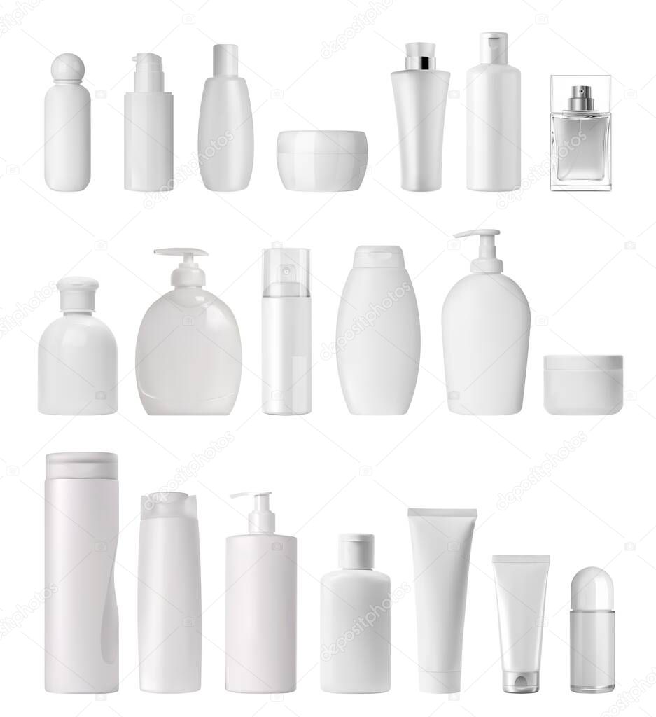 Cream tube and spray, soap dispenser and dropper, lotion bottle. Realistic cosmetics package vector 3d mockup. Isolated pump container, liquid lather, beauty cosmetic products for bathroom mock up set