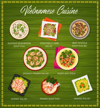 Vietnam mutfağı vektör menüsü shiitake mantar çorbası pho, sebze kuzu salatası ve sığır eti veya erişte çorbası pho bo. Ispanaklı karides salatası, patlıcan yahnisi ve karides veya mango salatası Vietnam yemekleri.