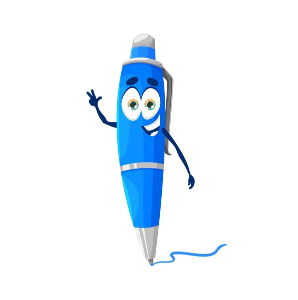 漫画のかわいい面白い学校ペンの文字 学校やオフィスの文房具は 白い背景にボタンやクリップやクランプライティングラインと幸せな笑顔マスコット 青いボールペンを分離ベクトル — ストックベクタ