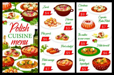 Polonya mutfağı menüsü, Polonya yemekleri, öğle ve akşam yemekleri, vektör. Polonya mutfağı gurmesi domuz şnitzel, beyaz borş çorbası, Polonya usulü kek ve Varşova çöreği.