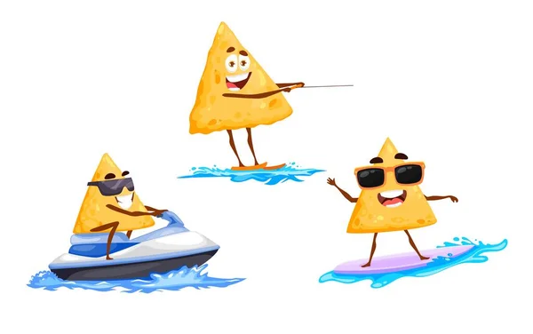 Chips Mexicanos Nachos Montados Jet Ski Wakeboard Surfando Onda Happy — Vetor de Stock