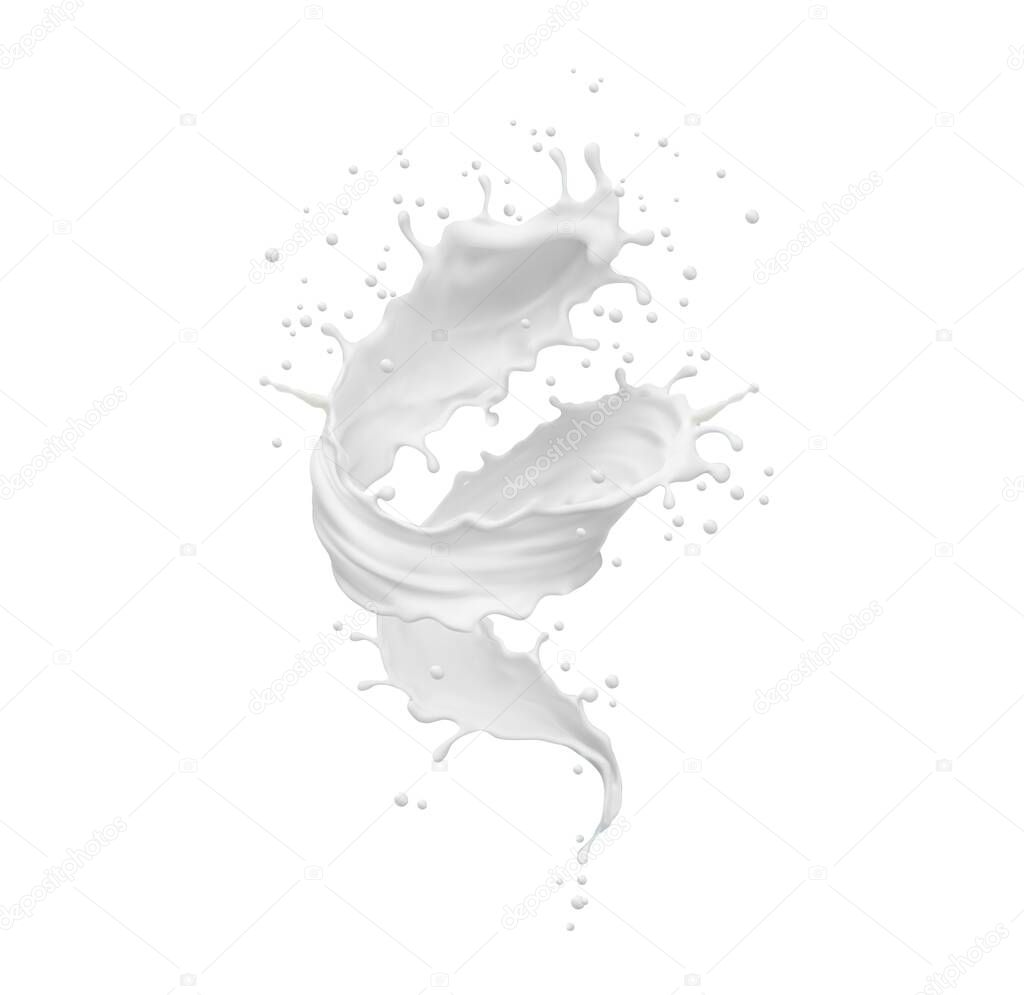 Milk twister, whirlwind or tornado realistic splash. White vortex youhurt wave with splatters and drops. Isolated liquid motion with scatter droplets, pouring dairy milk product. Realistic 3d vector