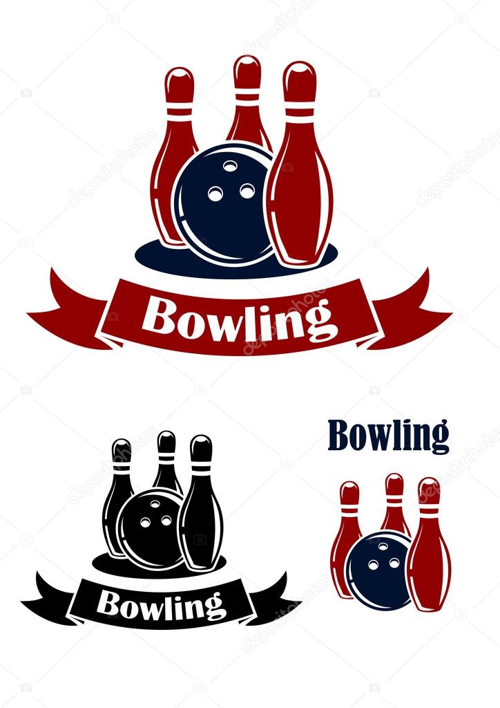 Bowling sporting emblems with ball, ribbons and ninepins. Suitable for logo, sports or leisure design