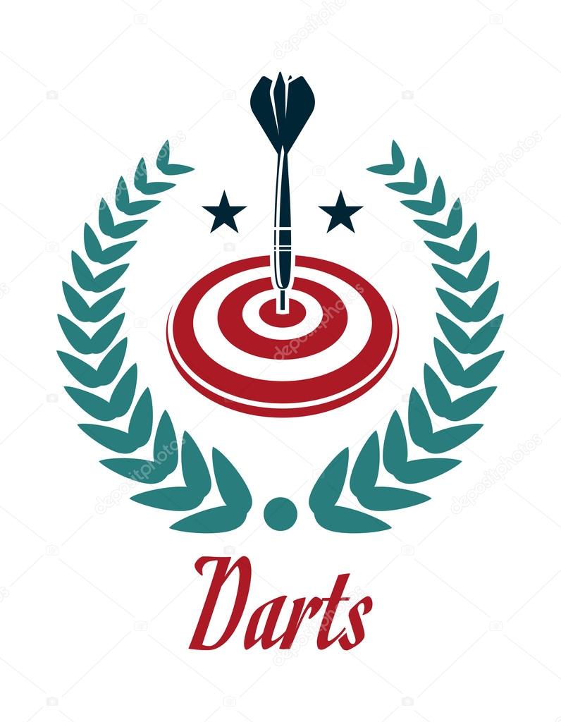Darts sporting emblem with dartboard, laurel wreath and darts in heraldic style for sports or leisure design