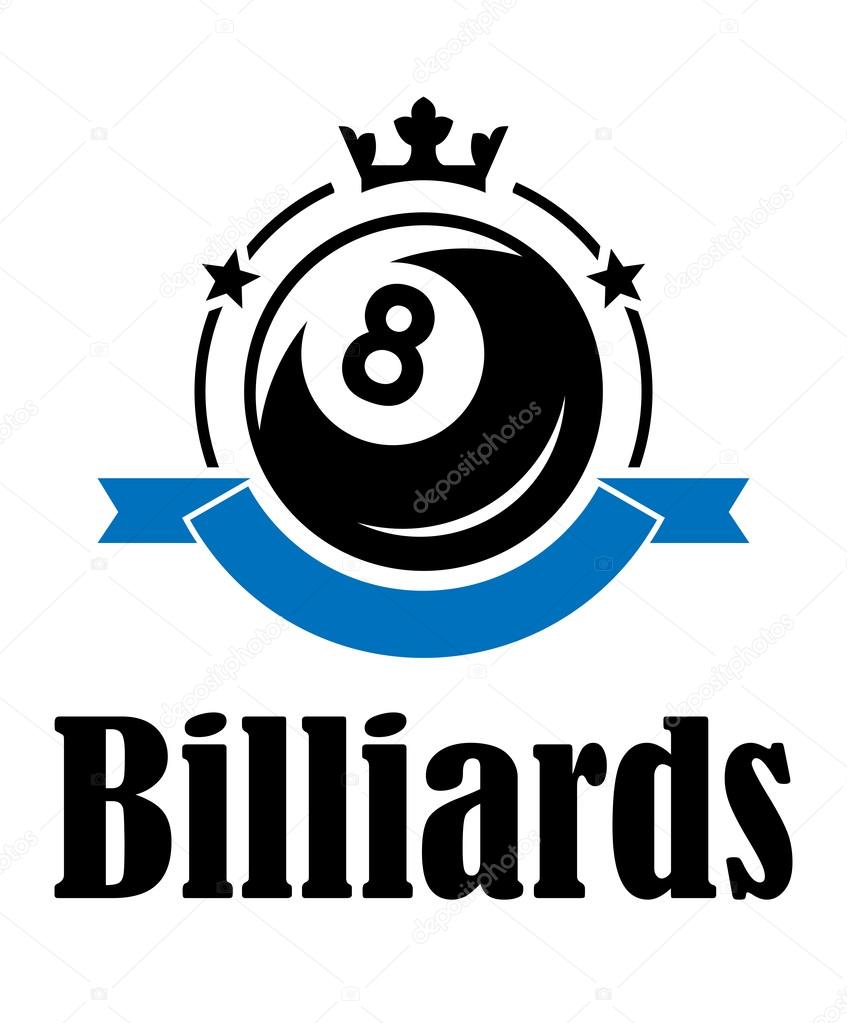 Billiards or pool emblem with ball, crown, banner, stars and text  Billiards. Suitable for sport, recreation and logo design