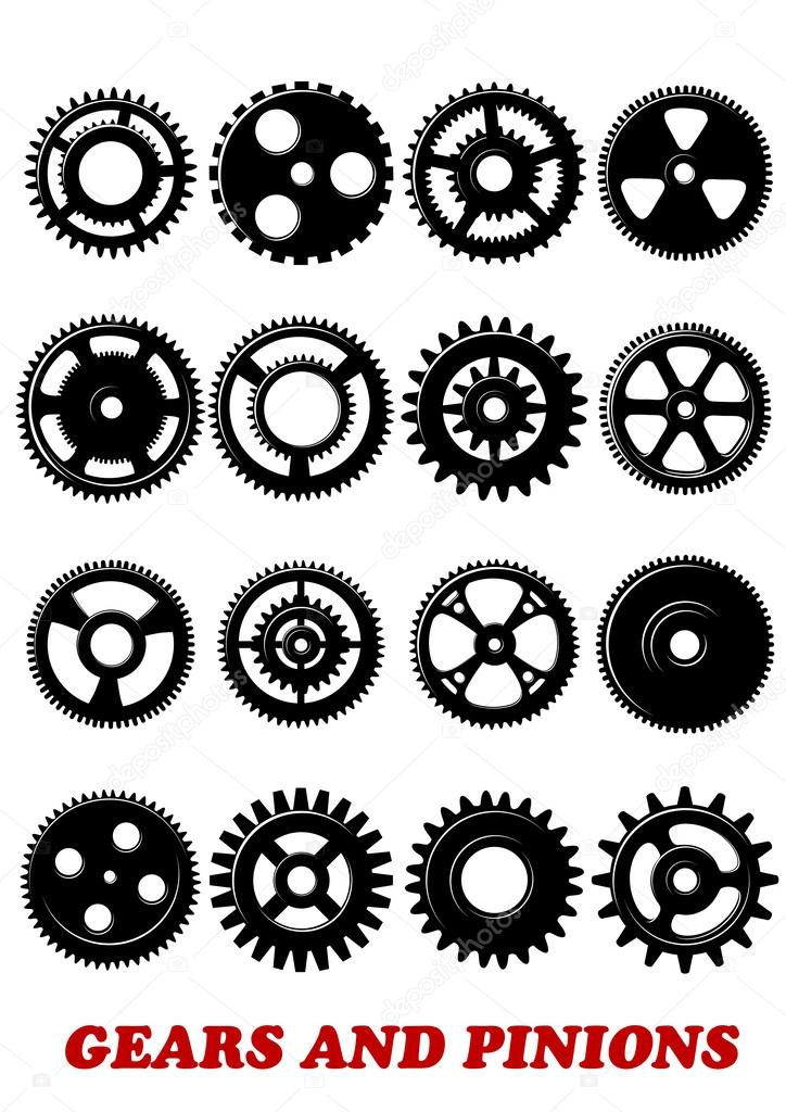 Gears and pinions symbols set isolated on white background for technology, industrial, engineering or logo design