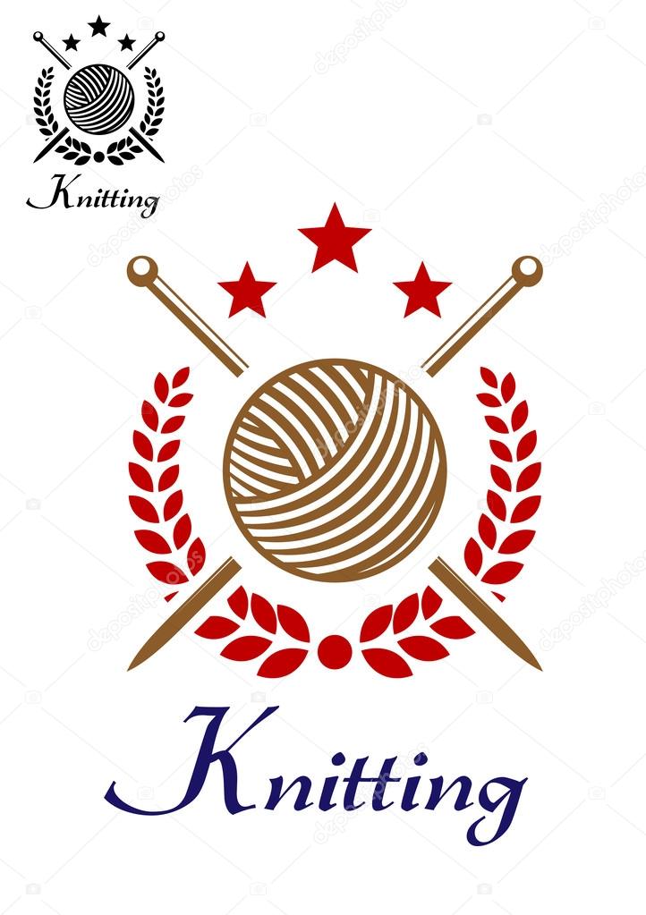 Hand knit or knitting retro emblem with yarn ball, sticks, stars and laurel wreath