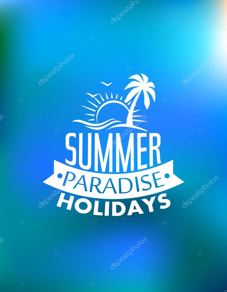 Summer paradise poster poster design with a sun, waves, palms, birds and text Summer Paradise Holidays. For journey, travel, adventure or logo desig