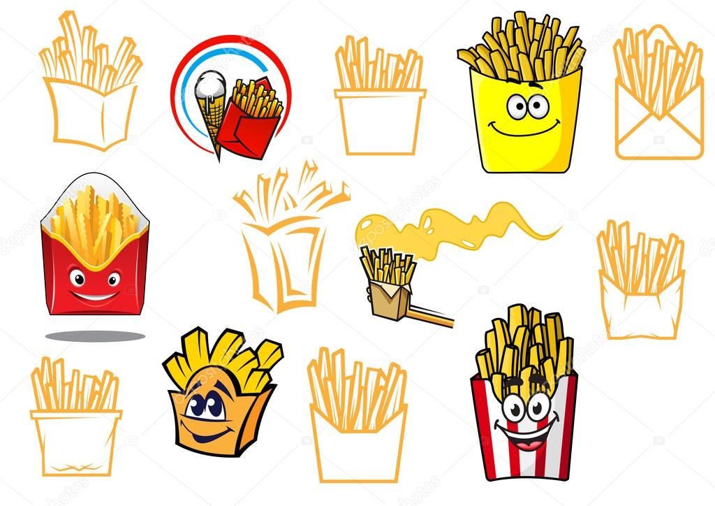 Cartoon french fries takeaway food designs set, for fast food, cafe, restaurant or logo design