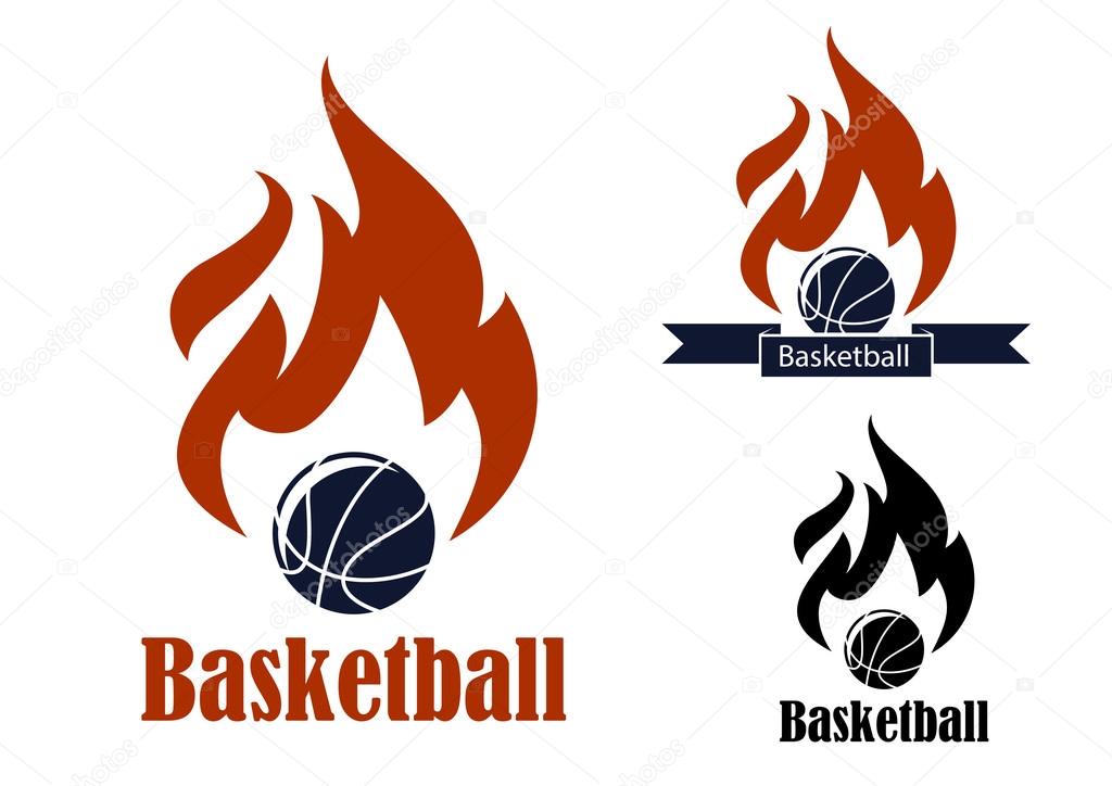 Basketball sport emblems with basketball ball, ribbon banner, fire and text Basketball, suitable for sporting symbols or logo design