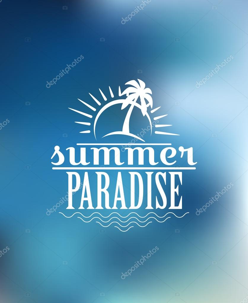 Beach poster design with sun, sunshine, waves, palm, sky, birds and text  Summer Paradise. For journey, travel, adventure, tourism or logo design