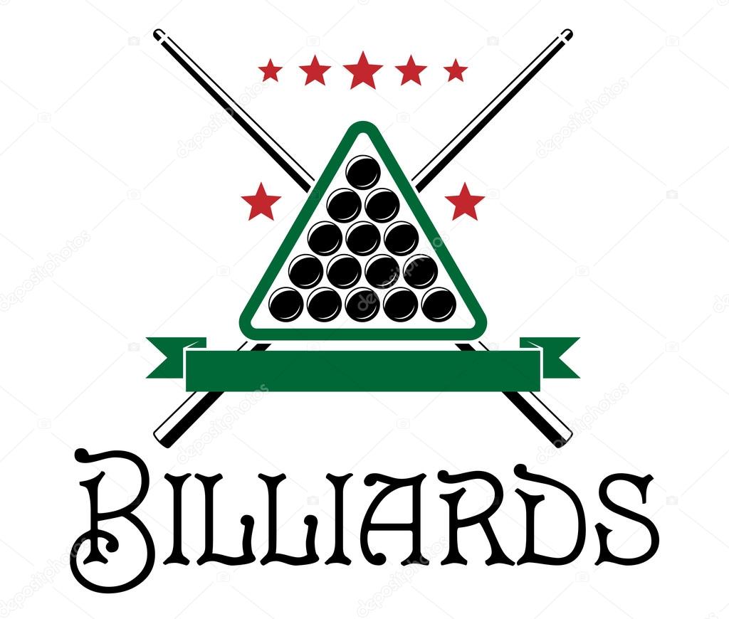 Billiards club emblem with ball, cue, triangle and text  Billiards isolated on white background