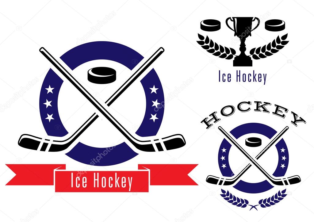 Ice hockey symbols or logos set with puck, banner, sticks, laurel wreath, trophy prize cup and text Ice Hockey. May use for sport and recreation or logo design