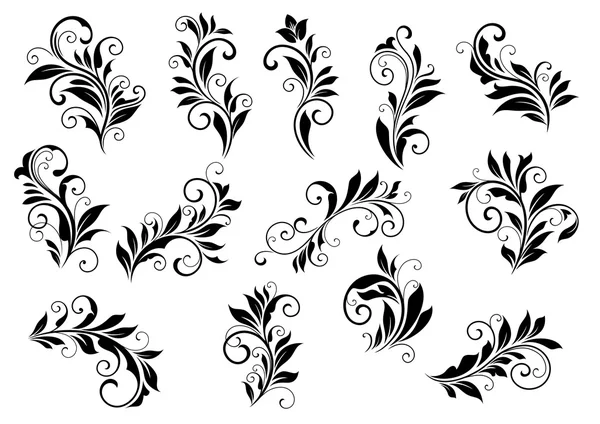 Ensemble de motifs floraux rétro et vignettes feuilletées — Image vectorielle