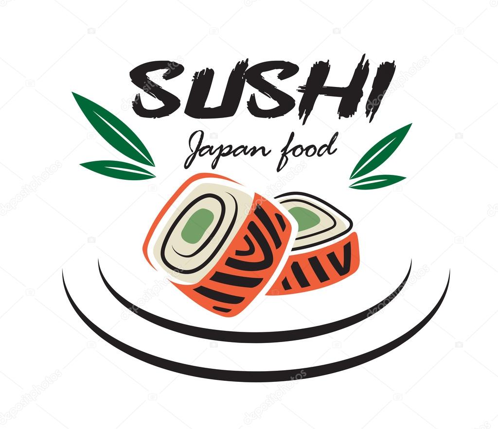 Red and green colored Japanese sushi seafood emblem with bamboo leaves suitable for restaurant and food logo design