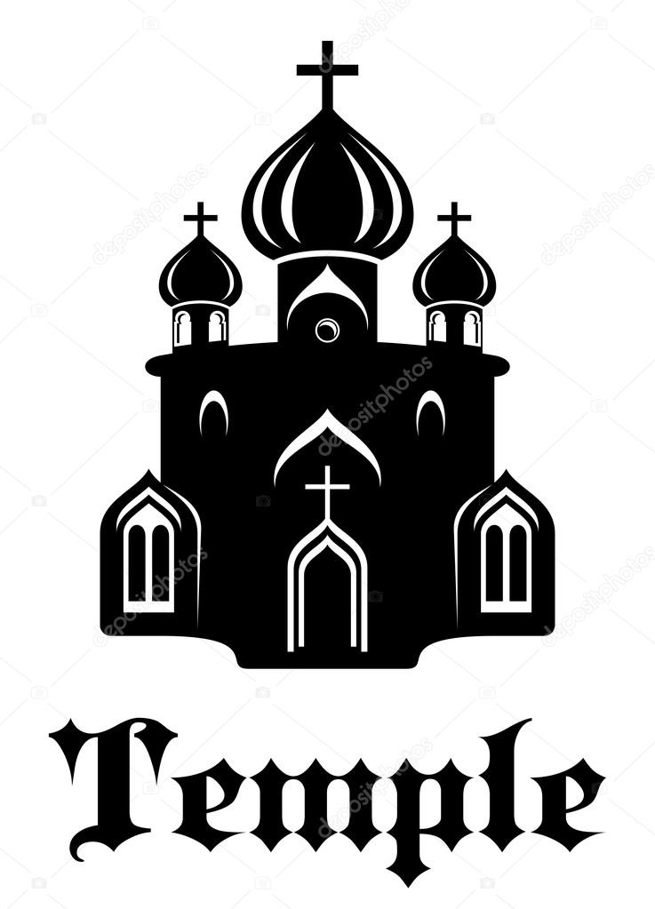 Black and white silhouette of christian temple or church with front facade and  three onion domes for religious and Christianity design