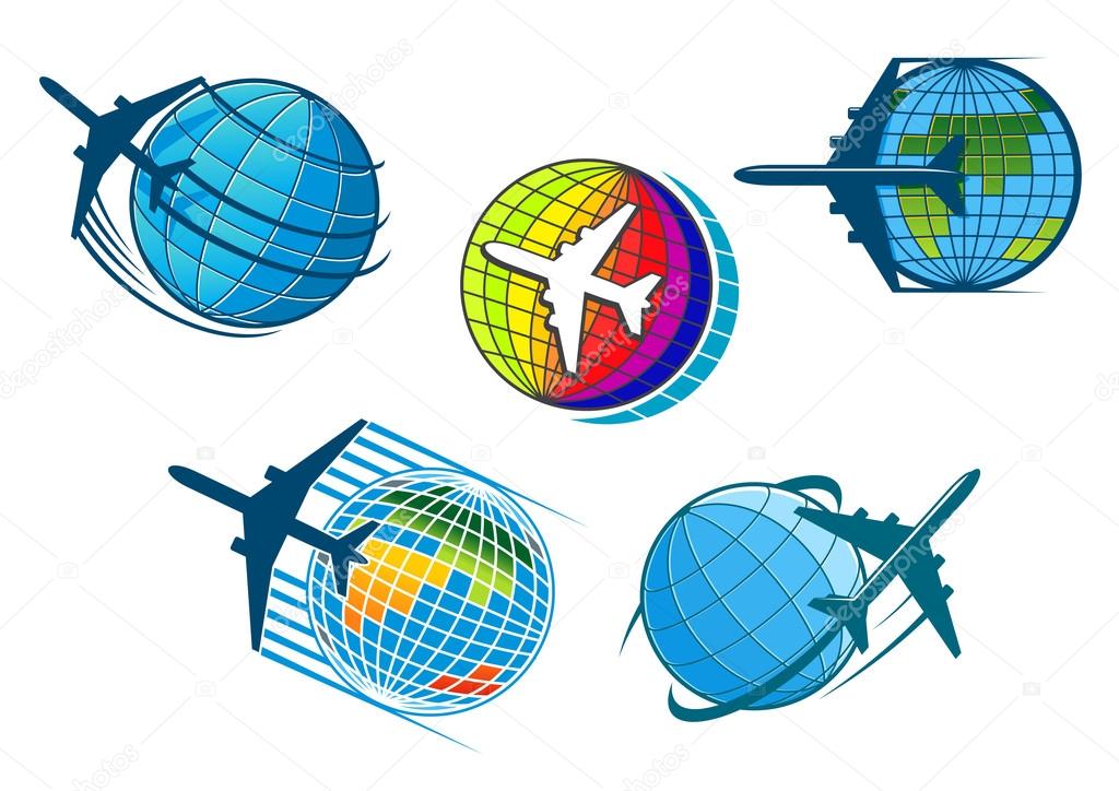 Airplane and air travel icons with globe