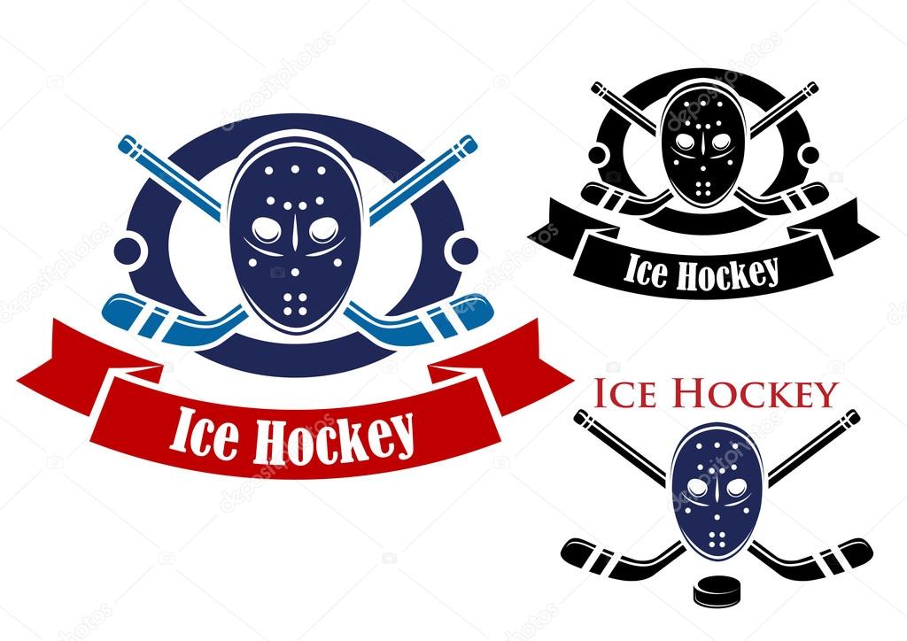 Ice hockey symbols set with puck, goalkeeper mask, ribbon banner and sticks isolated on white background for sporting design
