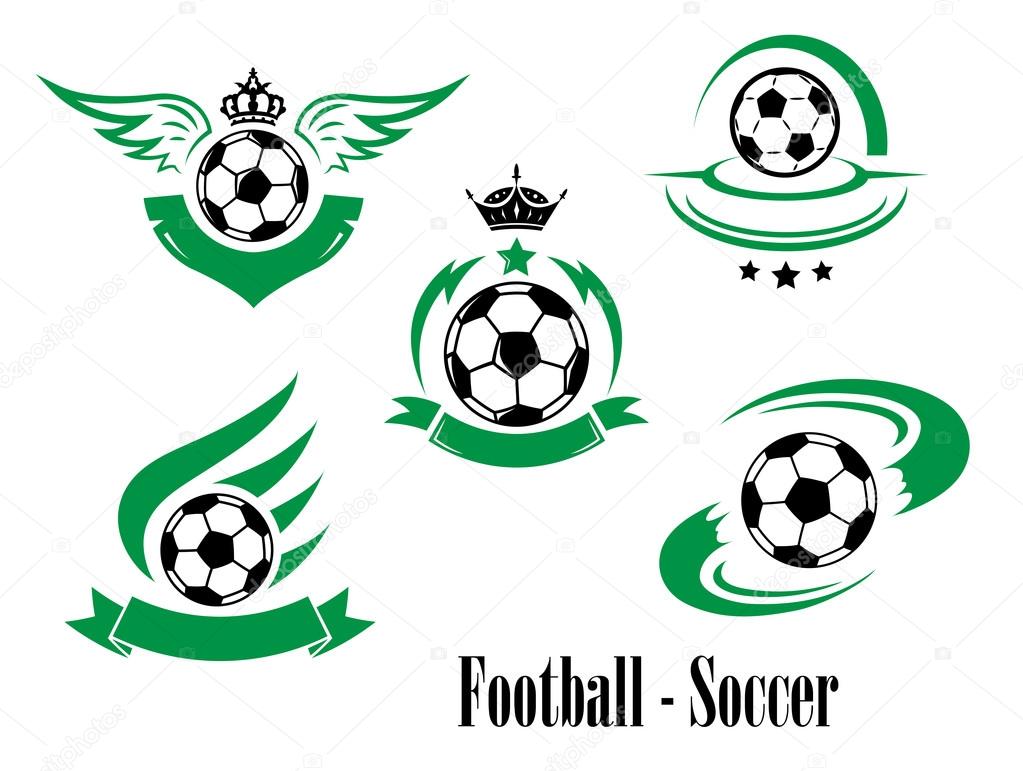 Set of football or soccer emblems with rushing balls, crowns, ribbon banners, wings, stars isolated on white for sporting design