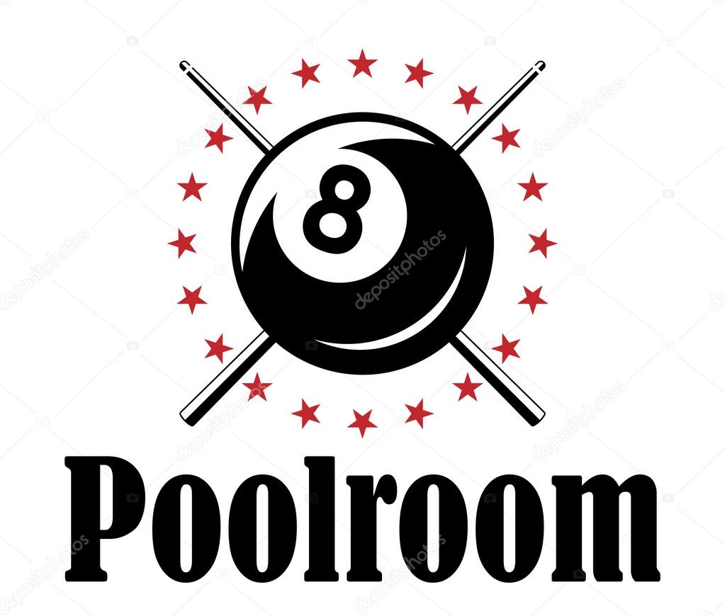 Poolroom or billiards retro emblem with ball, stars and cues for sporting club or tournament design