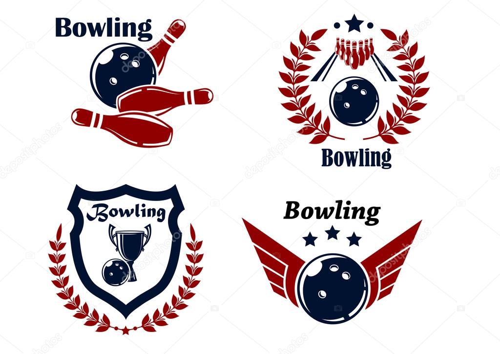 Bowling emblems or badges set with smashing ball, ninepins, laurel wreath, outspread wings, heraldic shield, trophy cup and stars