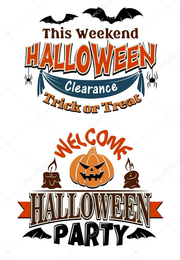 Halloween card designs for a Trick or Treat Clearance This Weekend decorated with flying bats and the second Welcome Halloween Party with a jack-o-lantern and burning candles
