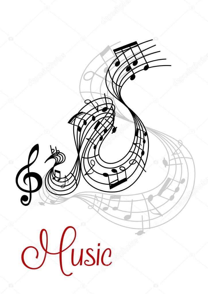 Abstract musical waves composition design with music notes and treble clef