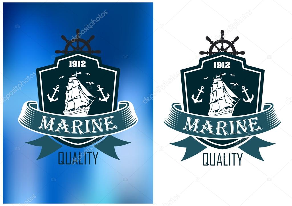 Marine quality emblems of badges in two color variations with a shield enclosing a tall ship with sails set and a ribbon banner with the word Marine with Quality below