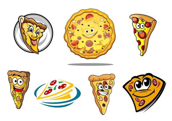 Personagens de pizza de desenhos animados coloridos e ícones —  Vetores de Stock